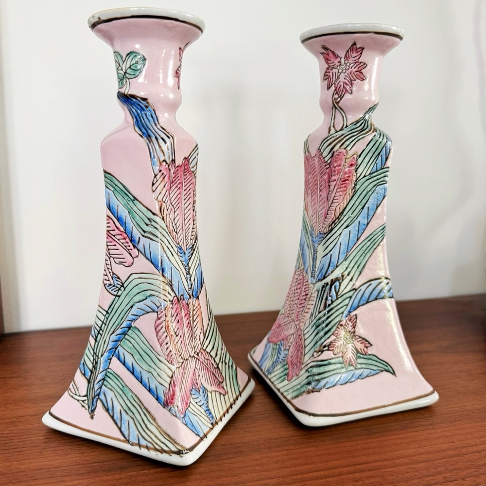 Floral Pink Ceramic Candle Holders Set of 2